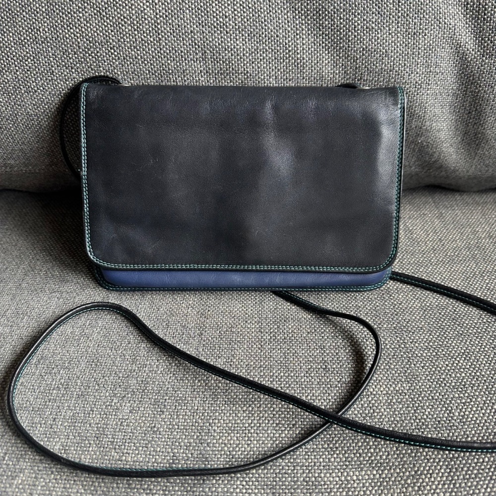 Mywalit Black Navy Leather Crossbody Wallet Purse Multicolor Multi-Compartment